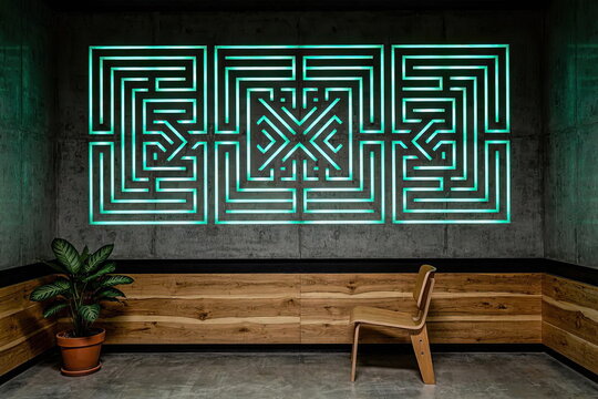Minimalist Studio Interior with Shipibo LED Art and Negative Space