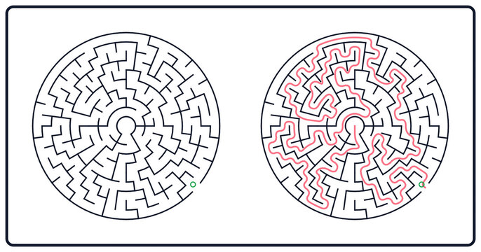 Circular round maze puzzle worksheet for kids and adults. Unsolved and solved labyrinth riddle with entrance, exit and red solution path. Vector illustration isolated on white background