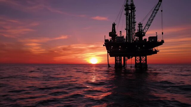 Jackup Rig Silhouette at Sunset - A jackup drilling rig is silhouetted against a colorful, dramatic sunset over the open ocean.