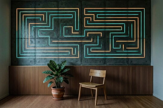 Minimalist Studio Interior with Shipibo LED Art and Negative Space