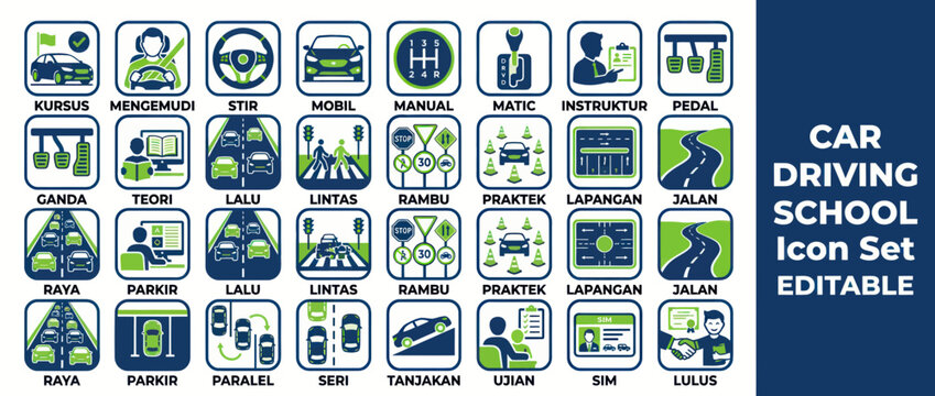 Car Driving School Icon Set: Learning to Drive, Traffic Signs, Parking, Road Tests