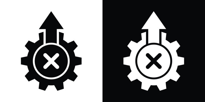 Minimalist design featuring a cogwheel with an upward arrow and a cross error symbol inside. Suitable for representing system failure, process cancellation, or troubleshooting workflows.