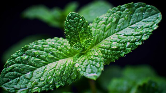 Green mint leaves with water droplets, fresh herb, natural aroma, organic ingredient for cooking and drinks