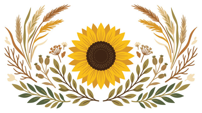 Sunflower framed by autumn foliage and grasses natural floral decorative border.