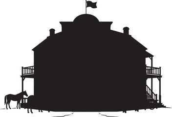 Obraz premium Black silhouette of an old western saloon building with a horse standing outside in the american frontier isolated on transparent background, Vector