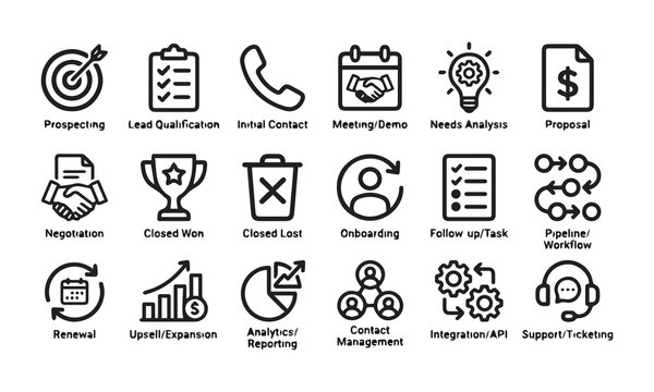 Sales pipeline workflow icons set for crm systems and business process management.