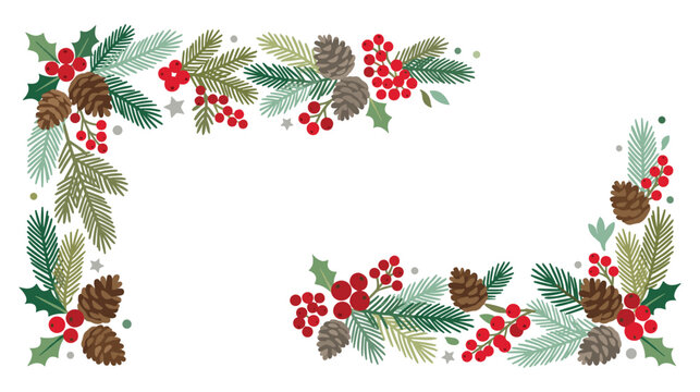 Christmas evergreen branch frame with pine cones red berries and holly leaves illustration.