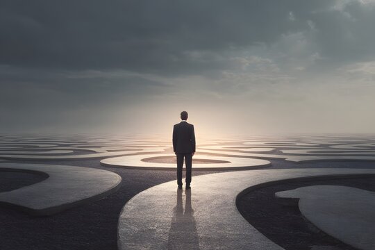 Businessman standing at a maze crossroads, facing multiple paths and contemplating his next decision.