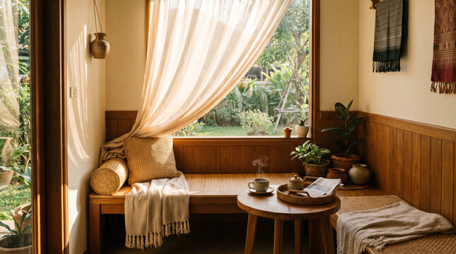 Cozy Thai Modern Breakfast Nook with Built-in Window Bench, Woven Cushions and Steaming Coffee, Morning Light