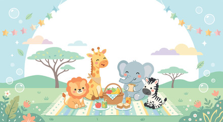 Fototapeta premium A charming illustration depicts a baby lion, giraffe, elephant, and zebra enjoying a sunny picnic on a colorful blanket in a grassy meadow.