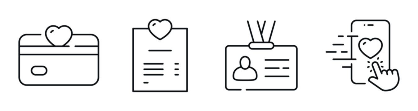 Card and mobile icons indicating favorites and identity on white field. Editable stroke