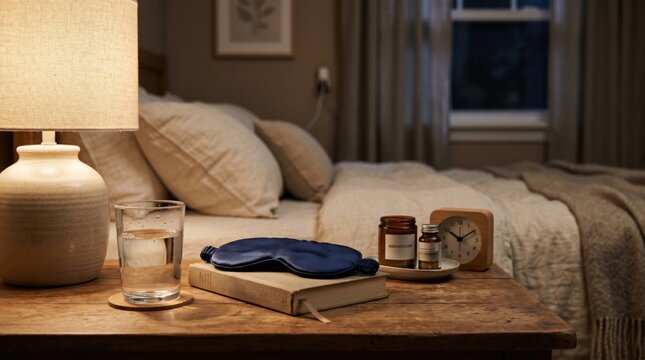 Evening bedside setup with water, sleep mask, book, and supplements shows sleep hygiene, preventive wellness, and calm nightly health routine in realistic bedroom.