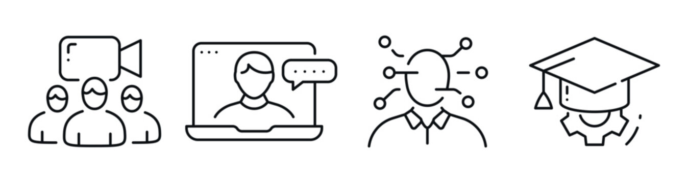 Online learning icons depicting virtual class networking and training. Editable stroke