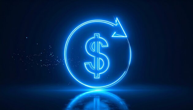 Neon dollar sign with upward circular arrow glowing blue.