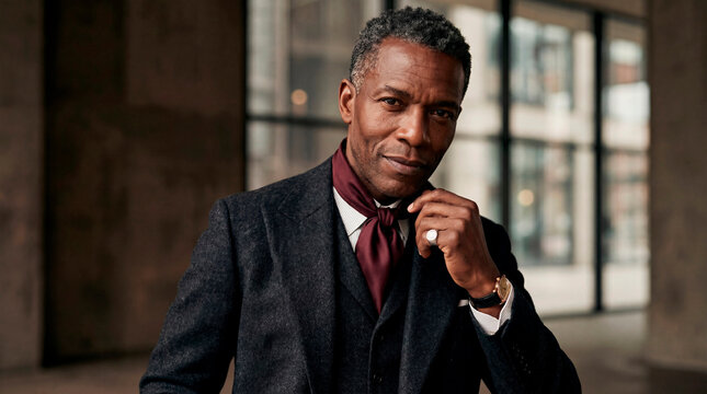 A sophisticated mature businessman dressed in a tailored dark suit with a burgundy ascot, posing confidently in a modern urban setting. The portrait conveys professionalism, leadership, confidence, su