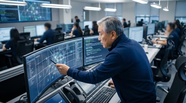 Senior dispatcher pointing at city map on control room monitor. Concept of emergency coordination, public safety, dispatch operations, incident tracking and command decisions.