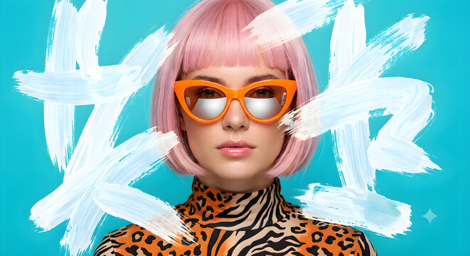 Fashion beauty portrait of a fictional woman with pink hair, orange sunglasses and artistic white paint brush texture overlay