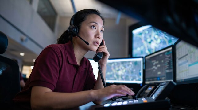 Emergency dispatcher answering phone while monitoring control room screens. Concept of emergency response, dispatch service, public safety and crisis communication.