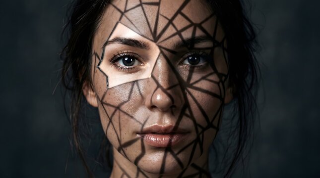 Artistic portrait of a shadow woman face with geometric patterns