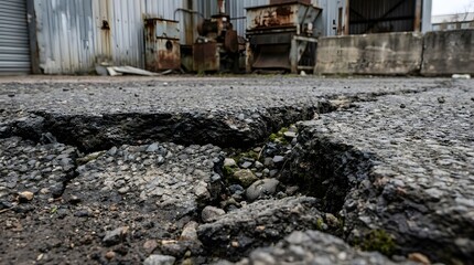 Fototapeta premium Cracked Concrete Ground with Sparse Weeds in Urban Industrial Setting