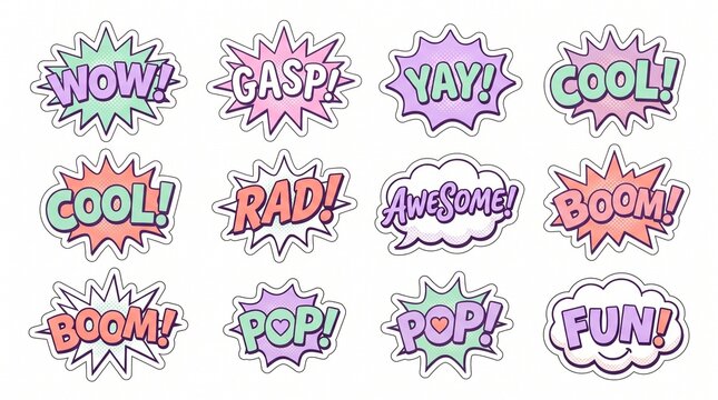 Colorful Pastel Comic Speech Bubbles and Pop Art Sticker Set Isolated on White Background for Social Media, Messenger, and Graphic Design Projects, Retro Aesthetic Illustration.