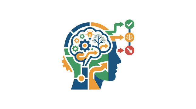 Abstract human head silhouette with gears, brain, binary code, and decision path