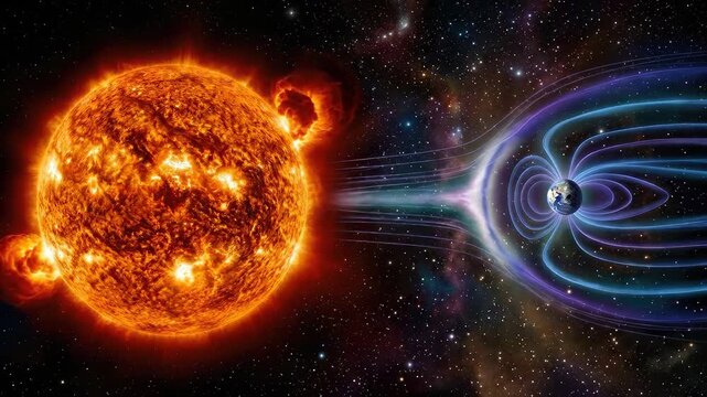 Solar flare eruption impacting Earth, magnetosphere protecting planet from coronal mass ejection, geomagnetic storm causing space weather disturbance, radiation particle emission.