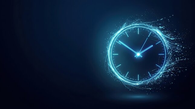 Abstract glowing digital clock face dissolving into luminous blue particles and energy streams against a dark futuristic background symbolizing time passing