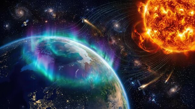 Solar flare sending energetic plasma wind toward planet Earth, causing a geomagnetic storm, generating intense aurora, disrupting magnetosphere with cosmic particle emission.