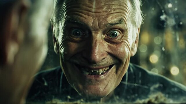Elderly man's unsettling reflection in a dirty mirror. His serious expression transforms into a creepy, manic smile. Psychological horror concept