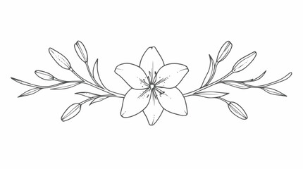 Fototapeta premium Delicate floral bloom centered by leafy sprigs in a minimalist line art drawing.