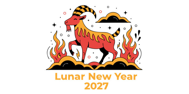 Stylized 2027 lunar new year vector illustration featuring a goat zodiac animal standing in fire horoscope astrology festival celebration illustration tradition creative prosperity
