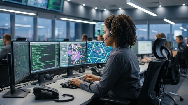 Call center operator working with city maps and dispatch data. Concept of emergency response, urban monitoring, public safety systems and coordination.