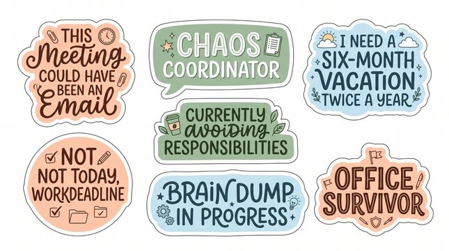 Collection of Funny Office Humor Stickers and Sarcastic Work Quotes for Employees, Chaos Coordinator and Meeting Memes, Flat Vector Illustration Isolated on White Background.