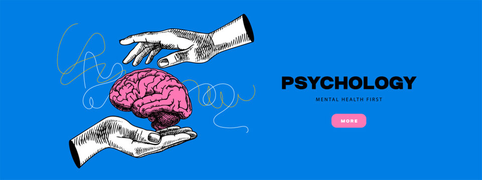 Sketch hands with brain. Human mind care, therapy, mental health, psychology, neuroscience, clinic, psychotherapy collage concept. Hand drawn isolated vector illustration.