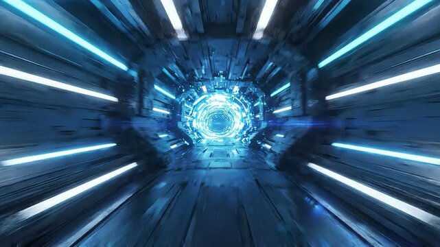 Sci Fi Tunnel A futuristic illuminated tunnel with bright blue and white lights creates a sense of speed and forward motion drawing the viewer into the unknown depths of a digital or space portal