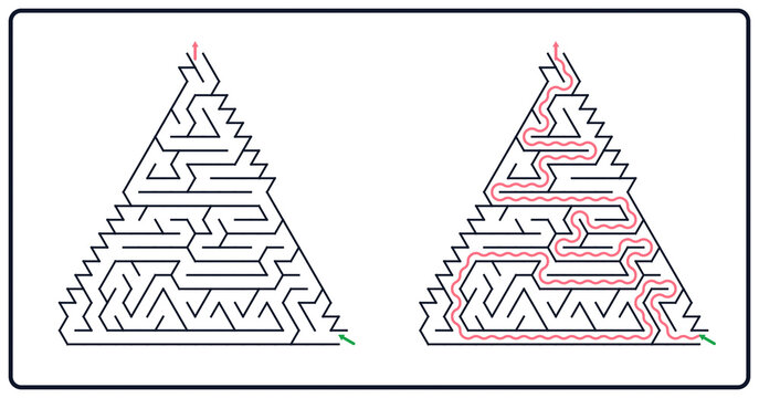 Triangular maze puzzle worksheet for kids and adults. Unsolved and solved triangle grid labyrinth riddle with green entrance arrow, exit and red solution path. Vector illustration isolated on white