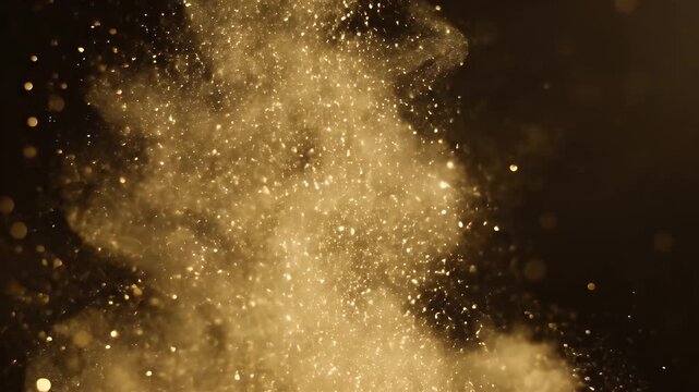 Golden Dust Explosion - A cloud of sparkling, golden dust particles explodes outwards against a dark black background. The glittering dust creates a magical and ethereal effect.