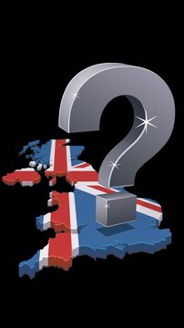 Large metallic question mark spinning over the United Kingdom map with flag. Brexit and uncertainty concept. Chroma key green screen with alpha channel. (loopable)