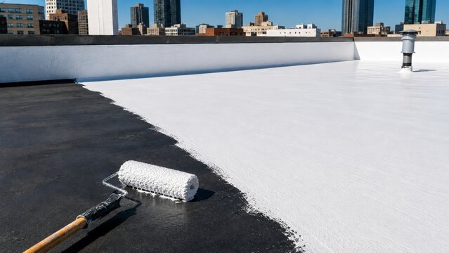 Application d'un rev&ecirc;tement de toit blanc r&eacute;fl&eacute;chissant