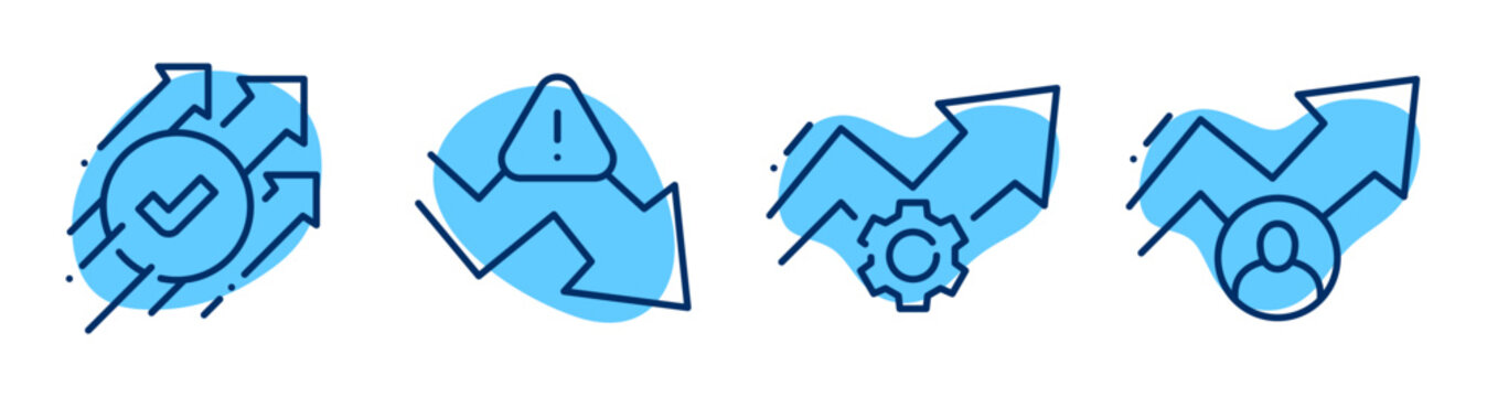 Directional arrows and status icons showing flow and alerts