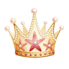 Watercolor illustration of a golden royal crown decorated with starfish and pearls, nautical theme isolated on white background.