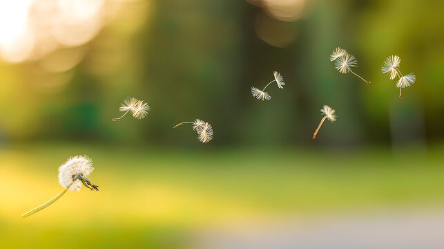dandelion. Dandelion seeds dispersing on the wind against a soft green background. gardening catalogs, home-decor guides, designed for home decor and floral branding, used by bi analysts.
