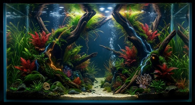 Lush Underwater Forest Aquarium Scene with Glowing Roots and Vibrant Flora