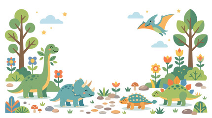 A colorful vector illustration featuring adorable cartoon dinosaurs roaming through a vibrant prehistoric forest filled with trees and flowers. © Regina