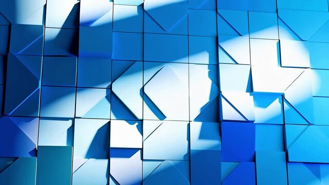 A sophisticated 3D motion background featuring a wall of geometric square and triangular tiles in varying shades of blue. The tiles move in a rhythmic, wave-like pattern