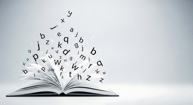 Open book with alphabet letters flying out on light grey background