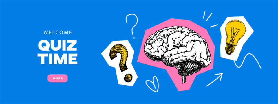 Trendy sketch collage quiz background. Sketch brain, lightbulb and question mark. Business solution, creative mind, brainstorm concept. Hand drawn vector illustration