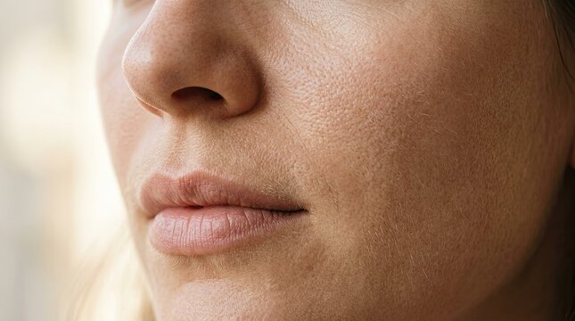 Close up of woman's face showing nose lips