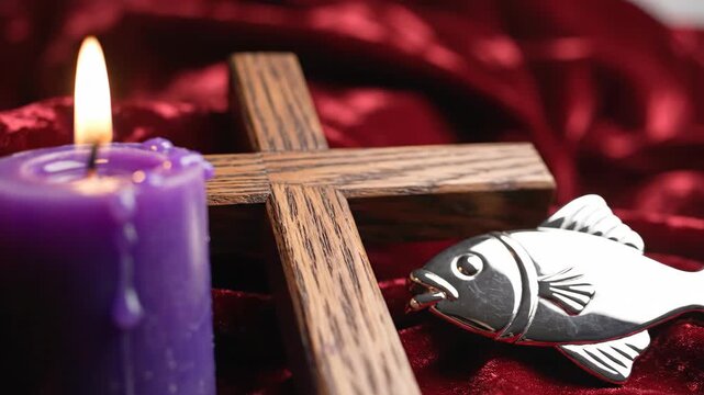 Traditional Lenten symbols with a burning purple candle and wooden cross. Christian religious items on red velvet for the season of Lent. Faith and spiritual reflection concept